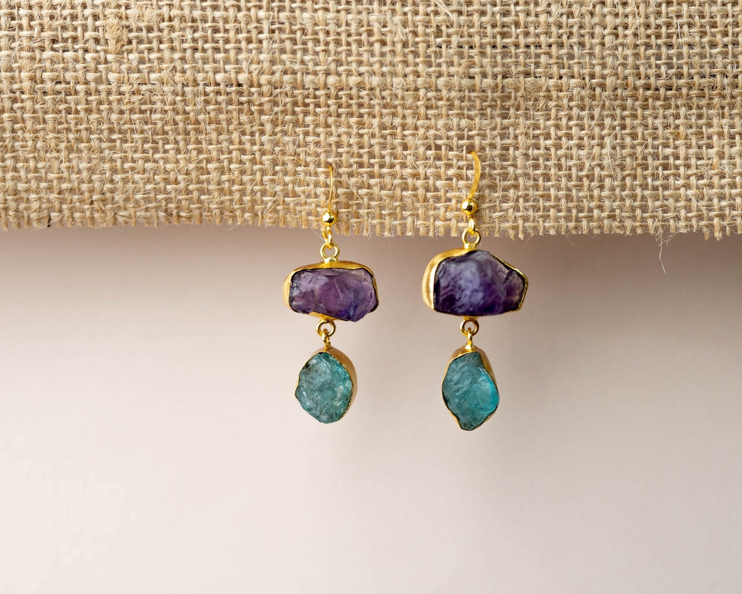 Amethyst & Apatite Raw Hanging Earrings - Bodh Crystals Ca