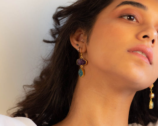 Amethyst & Apatite Raw Hanging Earrings - Bodh Crystals Ca
