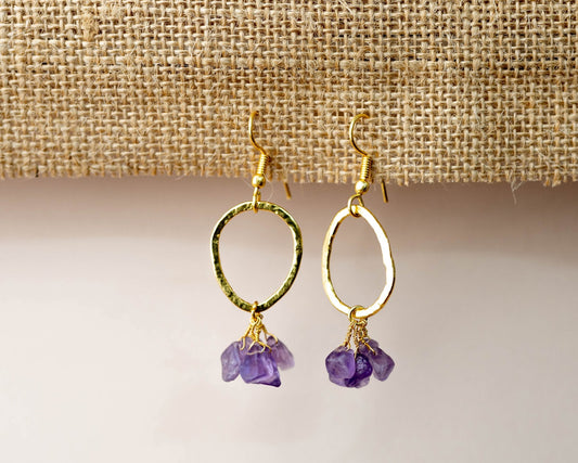 Amethyst Chips Hanging on Round Golden Earrings - Bodh Crystals Ca