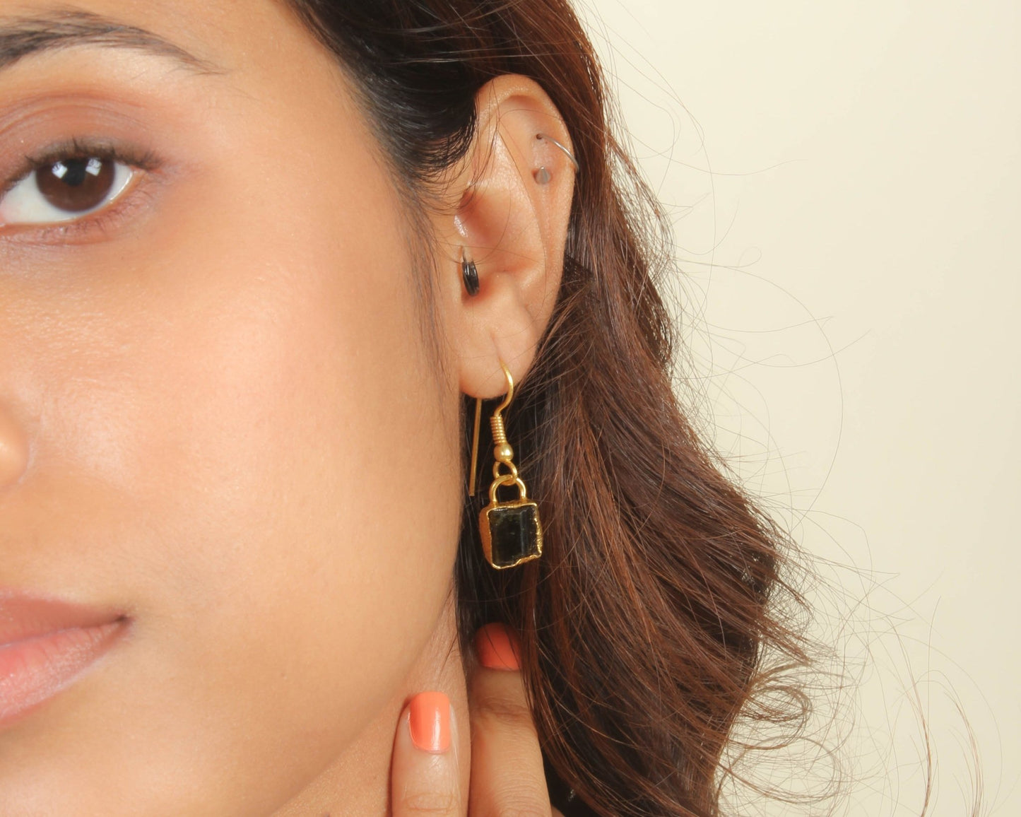 Black Tourmaline Hanging Raw Single Stone Earrings - Bodh Crystals Ca