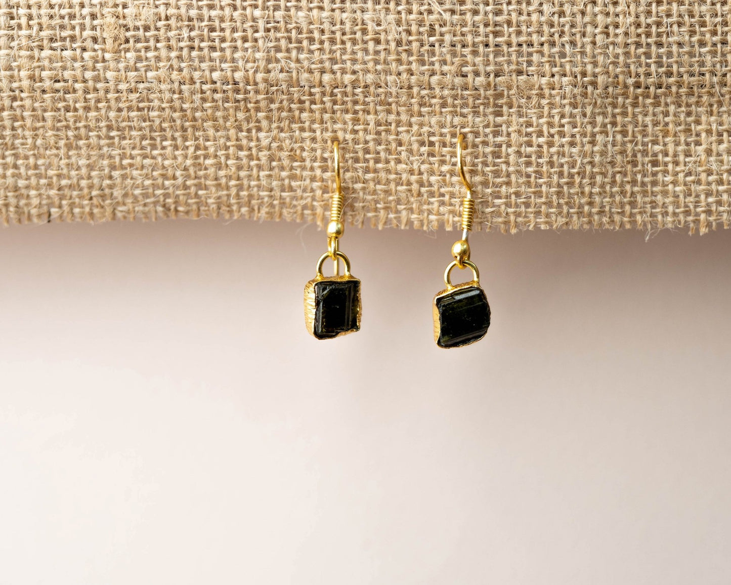 Black Tourmaline Hanging Raw Single Stone Earrings - Bodh Crystals Ca