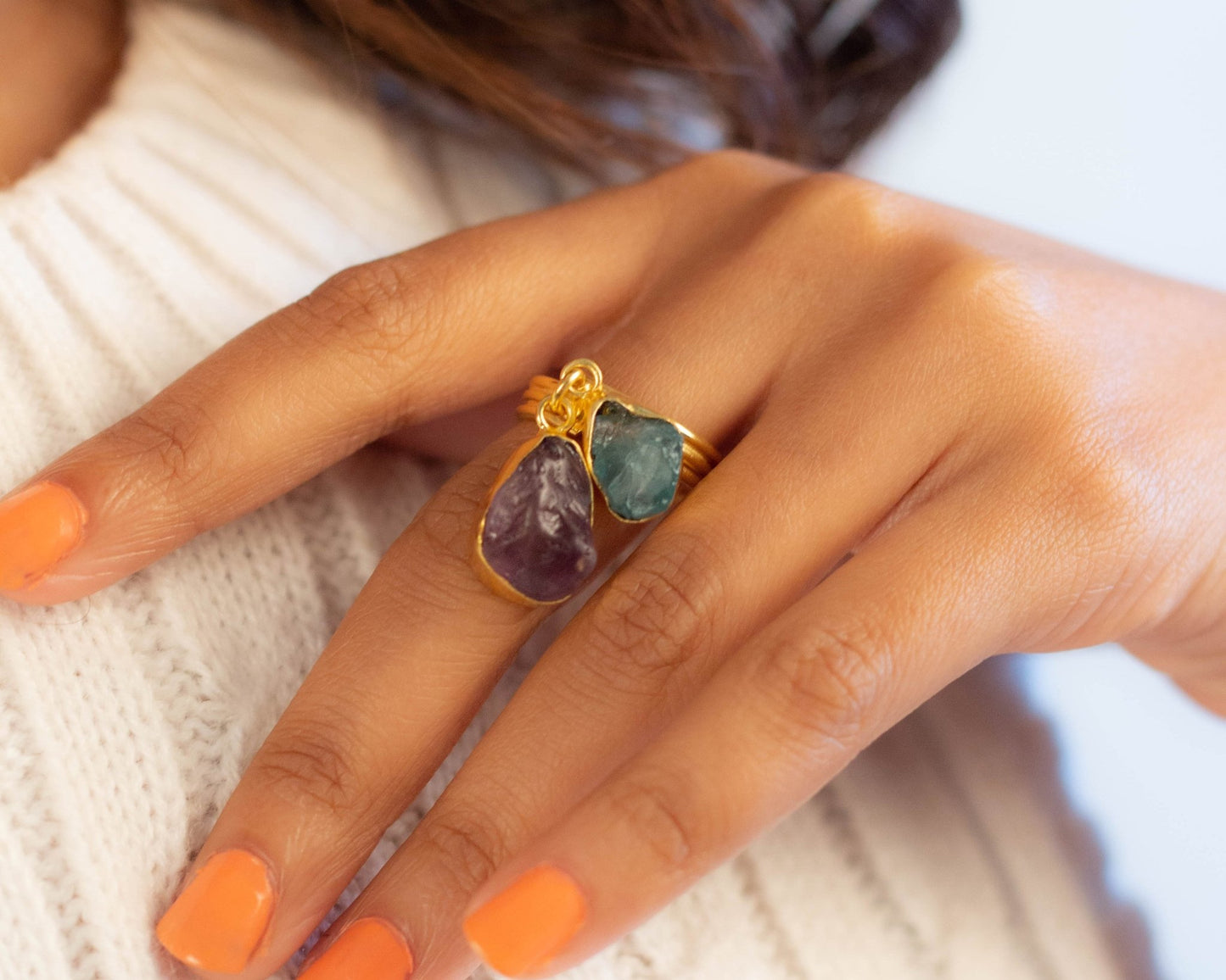 Dangling Amethyst & Apatite Raw Ring - Bodh Crystals Ca