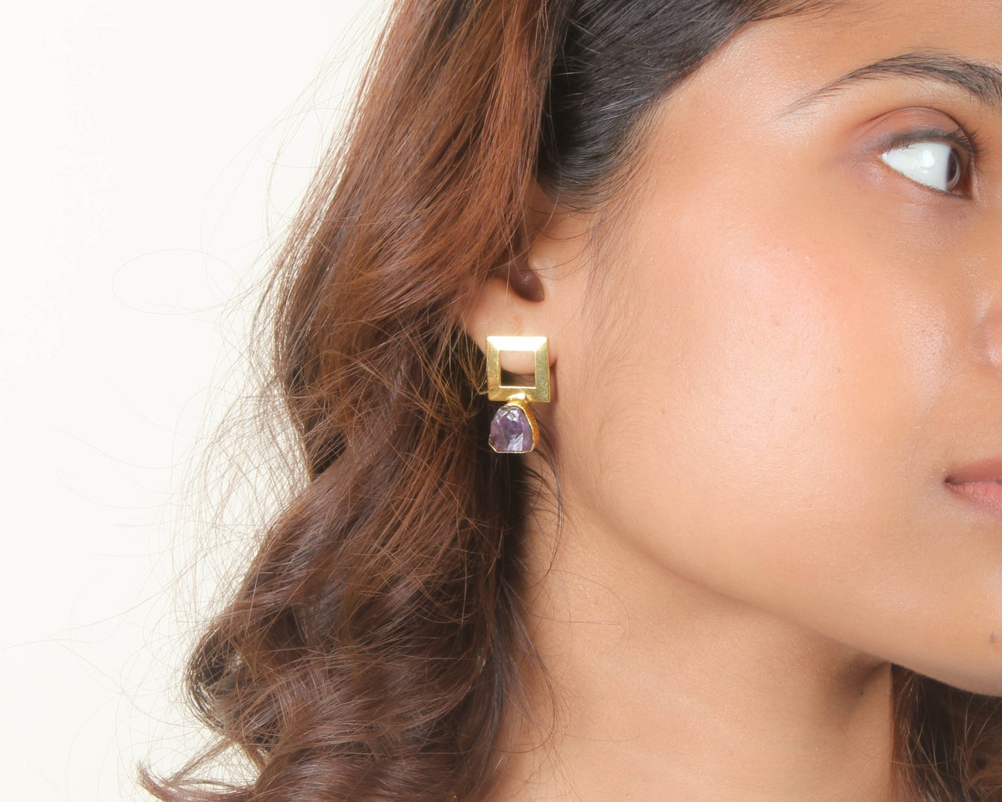 Raw Amethyst Metal Square Earrings - Bodh Crystals Ca