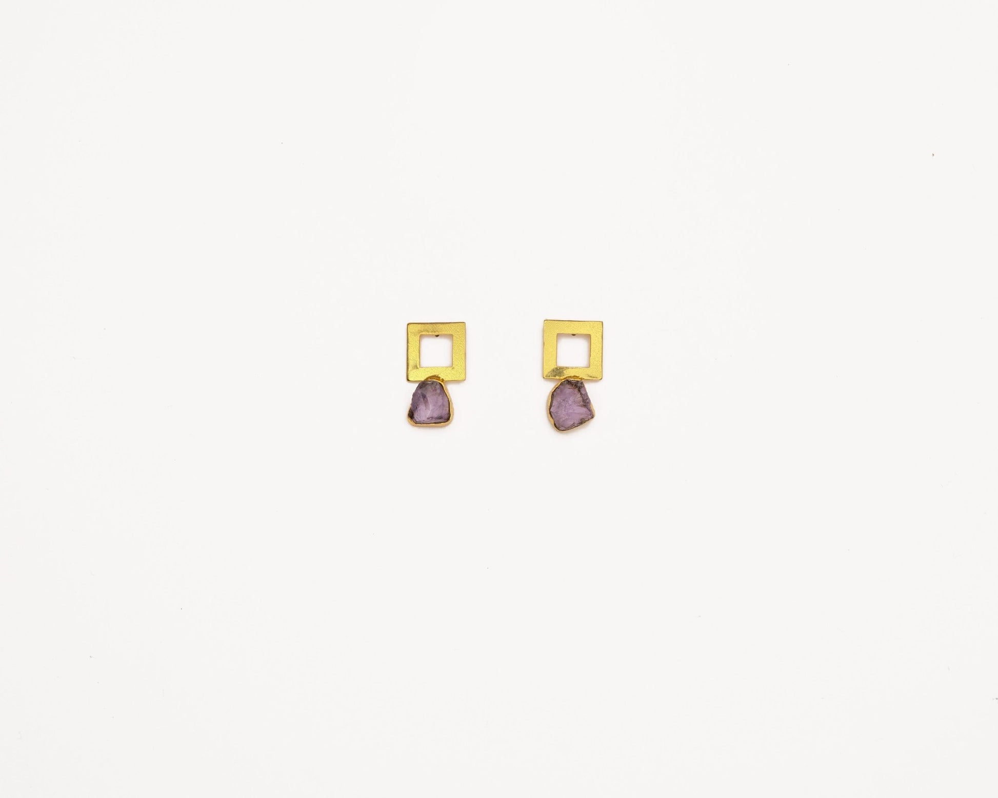 Raw Amethyst Metal Square Earrings - Bodh Crystals Ca