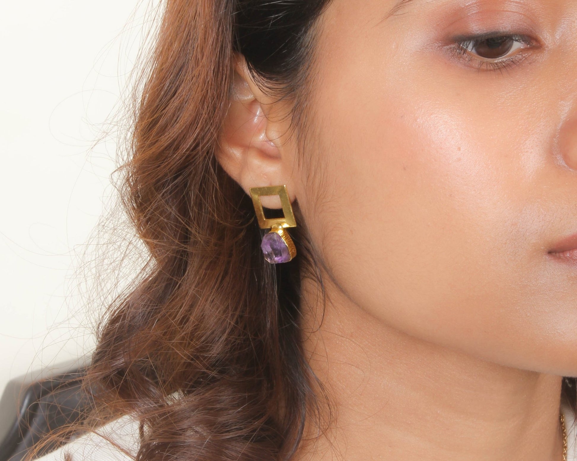 Raw Amethyst Metal Square Earrings - Bodh Crystals Ca