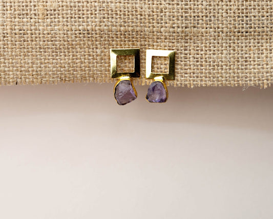 Raw Amethyst Metal Square Earrings - Bodh Crystals Ca
