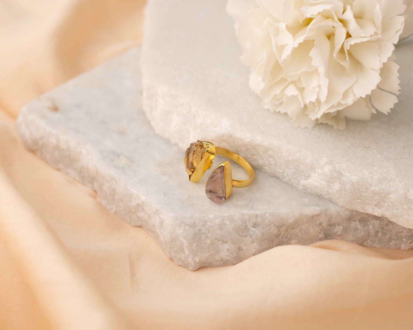 Rose Quartz & Citrine Raw Ring - Bodh Crystals Ca