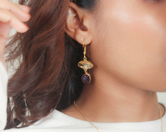 Citrine & Amethyst Raw Hanging Earrings - Bodh Crystals Ca