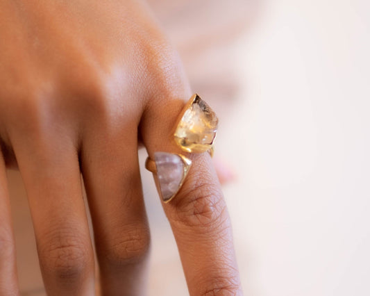 Rose Quartz & Citrine Raw Ring - Bodh Crystals Ca